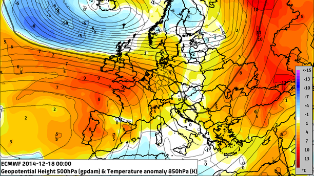 Abweichung Temperatur 850 hPa ECMWF Prognose 18.12.14, 00 UTC