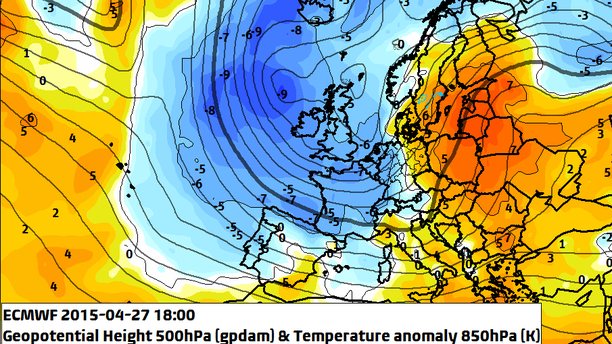 Temperatur-Abweichung 850 hPa 27.04.15, 18 UTC