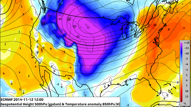 Abweichung 850 hPa Temperatur und Isohypsen 500 hPa ECMWF, USA 12.11.14, 12 UTC