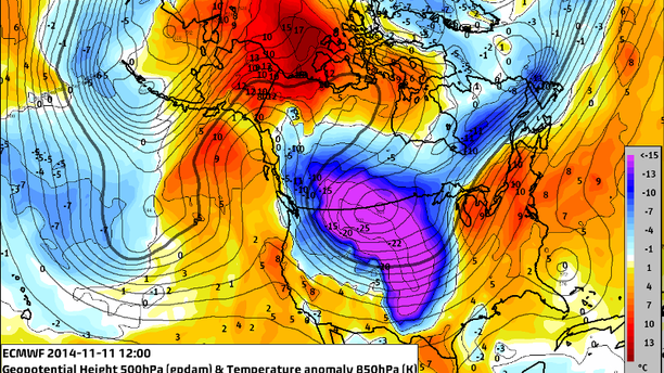 Isohypsen 500 hPa und Temperaturabweichung 850 hPa 11.11.14, 12 UTC
