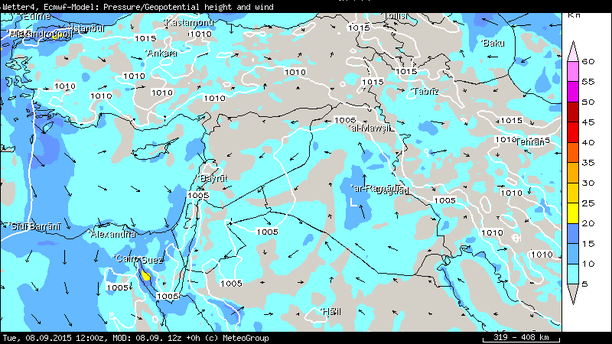 Sandsturm: Bodendruck und Wind, 08.09.15 12 UTC
