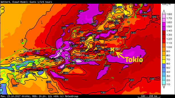 ECMWF Böen km/h, 6-stündig bis 23.10.2017, 00 UTC