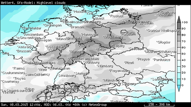 Prognose GFS hohe Bewölkung Sonntagmittag 08.03.15