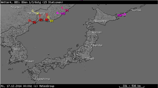 Spitzenböen 6-stündig km/h Japan und Umgebung, 17.12.14, 00 UTC