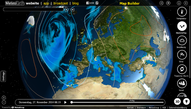  MeteoEarth.com Niederschlagssumme, 6-stündig und Luftdruck, 27.11.14 morgens