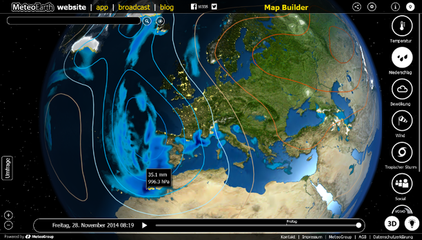 MeteoEarth.com Niederschlagssumme, 6-stündig und Luftdruck, 28.11.14 morgens