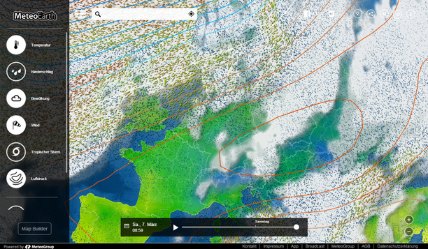 MeteoEarth.com: Bewölkung, Luftdruck und Windstream Samstag 07.03.15, 09 Uhr