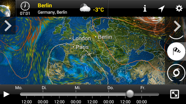 MeteoEarth App Windstream 1.500 m Höhe, Bodendruck, Niederschlag Donnerstag 