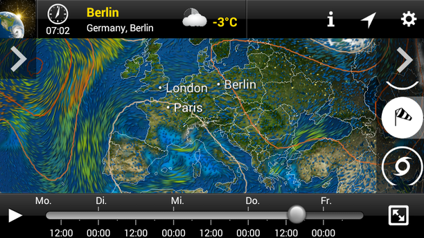 MeteoEarth App Windstream, Bodendruck, Niederschlag Donnerstag