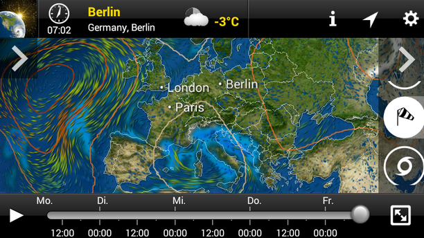 MeteoEarth App Windstream, Bodendruck, Niederschlag Freitag
