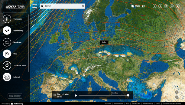 Niederschlag, Windstream, Luftdruck am 14.03.15 mit MeteoEarth.com