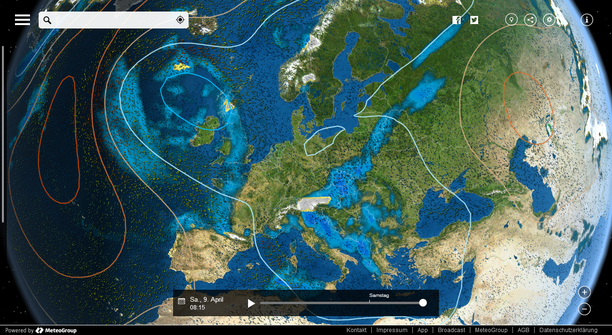 MeteoEarth.com Bodendruck, Windstream, Niederschlag Samstagvormittag