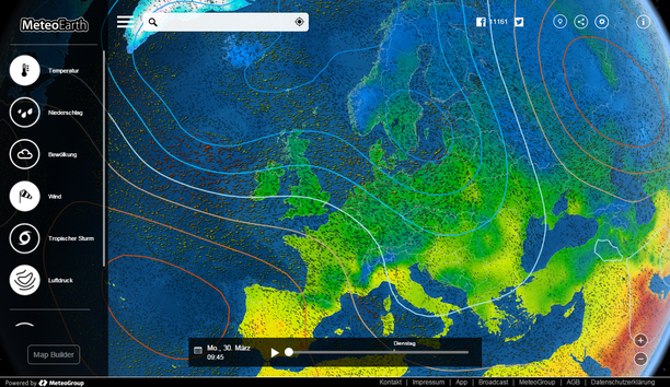MeteoEarth.com Bodendruck, Wind, Temperatur Orkantief MIKE