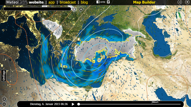 Regen (blau) und Schnee (weiß) in Griechenland und der Türkei, gezeigt mit MeteoEarth.com
