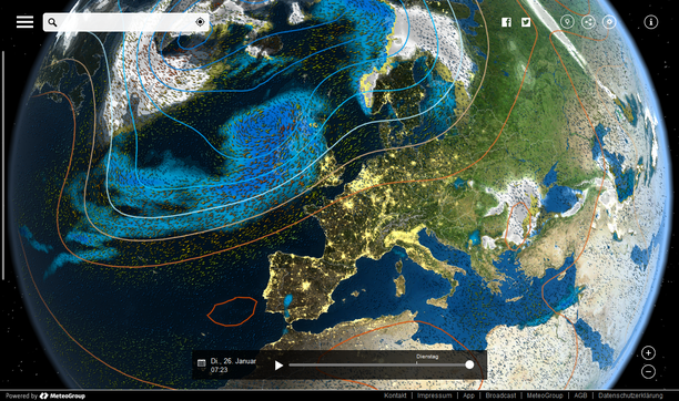 MeteoEarth.com: Dienstag Regen, Luftdruck, Wind