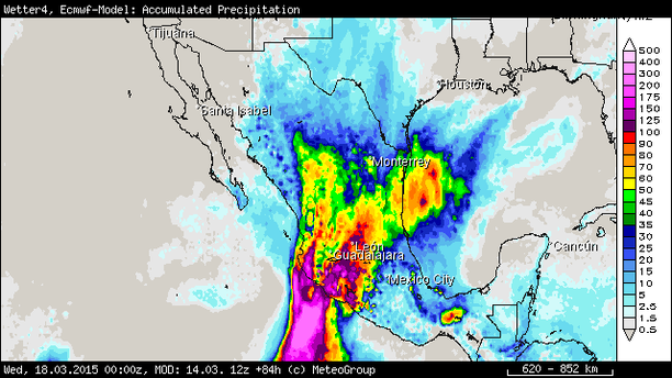 ECMWF Regensumme Mexiko bis 18.03.15 00 UTC