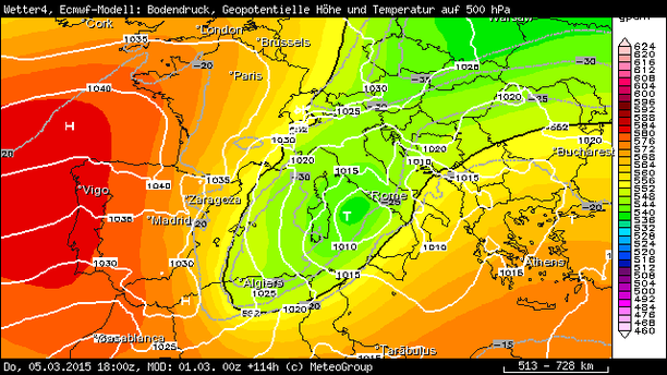 Temperatur 500 hPa, Bodendruck Mittelmeer 05.03.15, 18 UTC