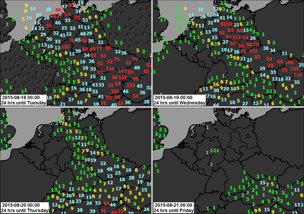 Worst Case Regensumme 24-std. Tag 1 bis 4 MeteoGroup MOS