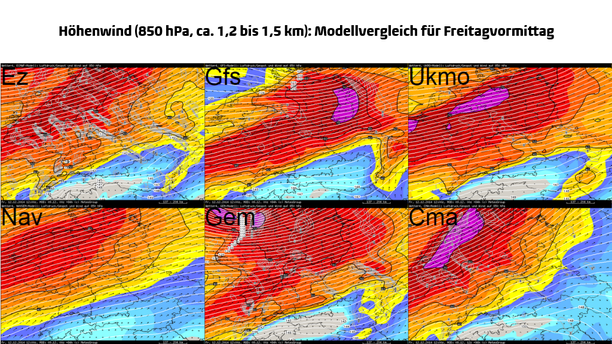 Modellvergleich: Wind in gut 1,2 bis 1,5 km Höhe am Freitagvormittag