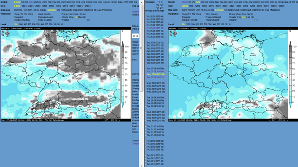 Tiefe Bewölkung, GFS und ECMWF im Vergleich, 27.09.15 14 Uhr MESZ