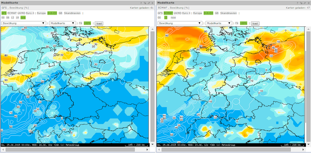 Bewölkung GFS und ECMWF 25.06.15 00 UTC