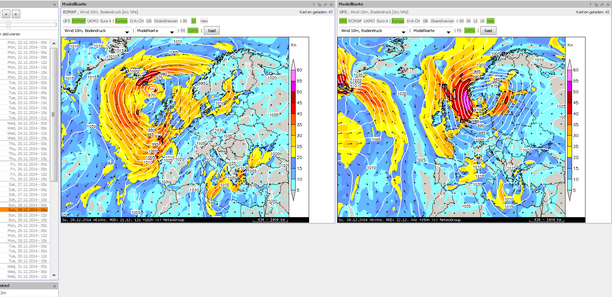 Sturmflut am 28.12.14? Modellvergleich ECMWF GFS Bodendruck und Wind 10 m