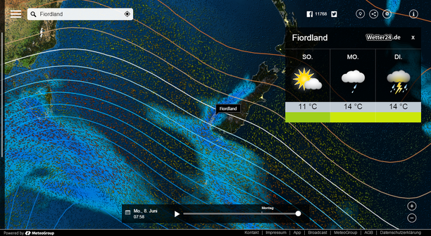 MeteoEarth.com Bodendruck, Windstream und Niederschlag Tasmanien und Neuseeland