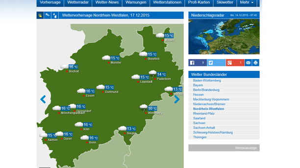 Wetterkarte Nordrhein-Westfalen 17.12.15