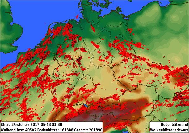 Registrierte Blitze am 12.05.2017 über Mitteleuropa