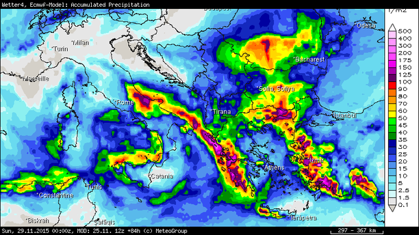 Niederschlagssumme, Prognose bis 29.11.15 00 UTC