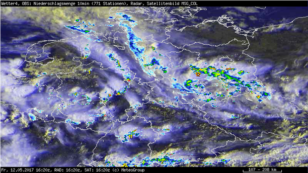 Radarbild und Satellitenbild vom 12.05.2017, 18:20 Uhr