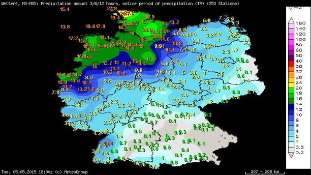 Niederschlagssumme 12-stündig bis Dienstag, 05.05.15 20 Uhr MESZ