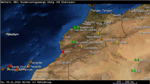 Niederschlagssummen Marokko, 24-stündig, bis 23.11.14, 6 UTC