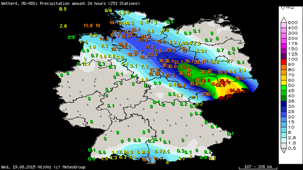 Prognose 24-std. Regensumme MeteoGroup MOS