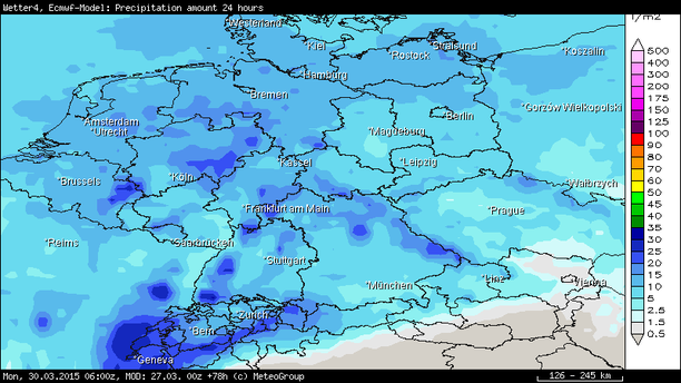 Regensumme 24-std. Montag, 30.03.15, 06 UTC