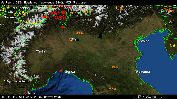 Niederschlagssumme 24 h bis 11.11.14, 7 UTC