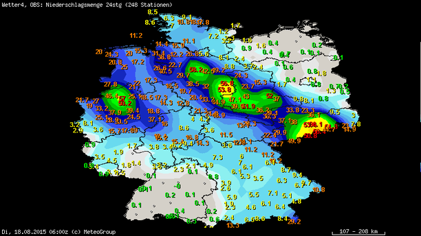 Regensummen 24-std. 18.08.15 06 UTC