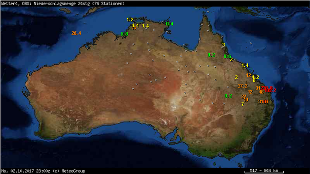 Regensumme Australien 24-stündig 02.10.2017 