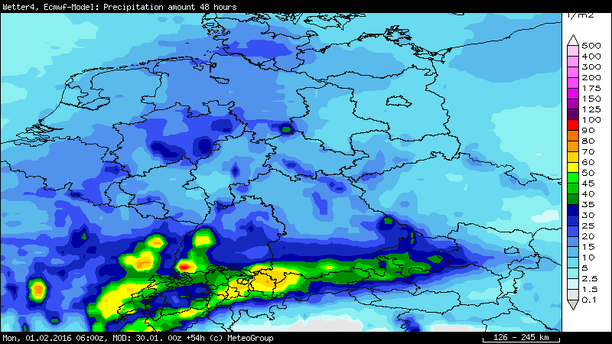 Prognose Niederschlagssumme 48h bis 01.02.16 6 UTC