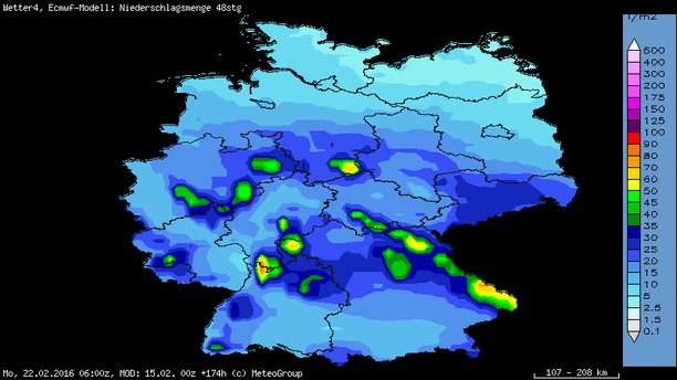 Niederschlagsprognose 48-stündig bis Montag, 22.02.16, 7 Uhr MEZ