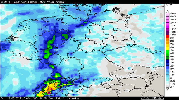 Prognose Niederschlagssumme bis Freitag 18 UTC