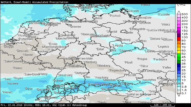 Prognose Niederschlagssumme bis Freitag, 18 UTC