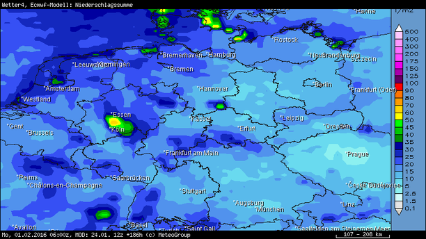Niederschlagsprognose ECMWF Summe bis 01.02.16, 00 UTC