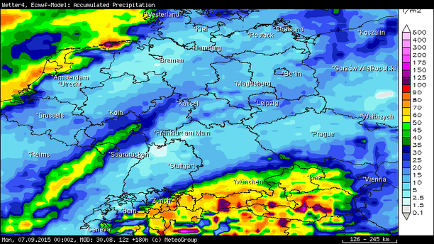 Niederschlagssumme bis 07.09.15 00 UTC