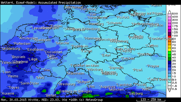 Niederschlagssumme bis 30.03.15 00 UTC