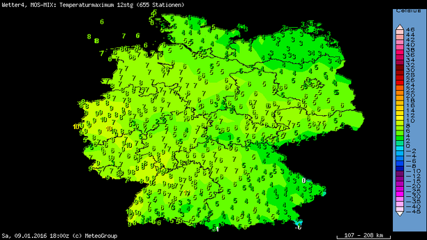 Höchsttemperaturen Samstag, 09.01.16