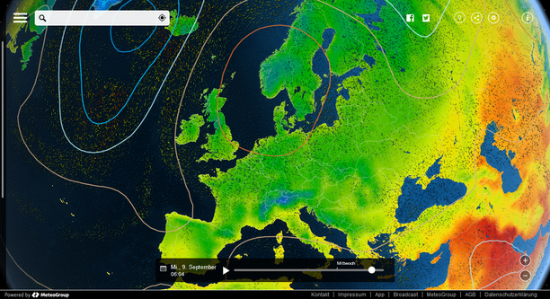 Wetter 3D MeteoEarth.com - Bodendruck, Windstream, Temperatur