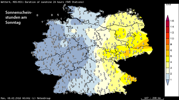 Sonnenscheindauer, 24-std. Sonntag, 07.02.16