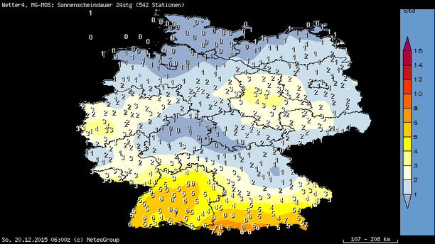 Prognose der Sonnenscheindauer in Stunden für 19.12.15
