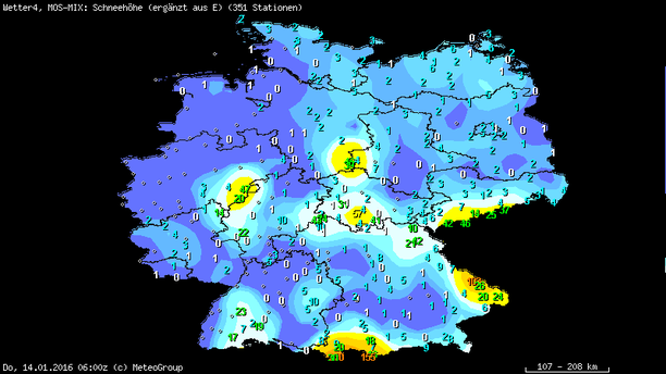 Prognose der Schneehöhen in cm am Donnerstagmorgen